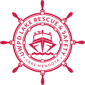 Lake rescue logo, featuring the lake rescue boat inside a ship’s wheel and the text UWPD Lake Rescue & Safety, Lake Mendota