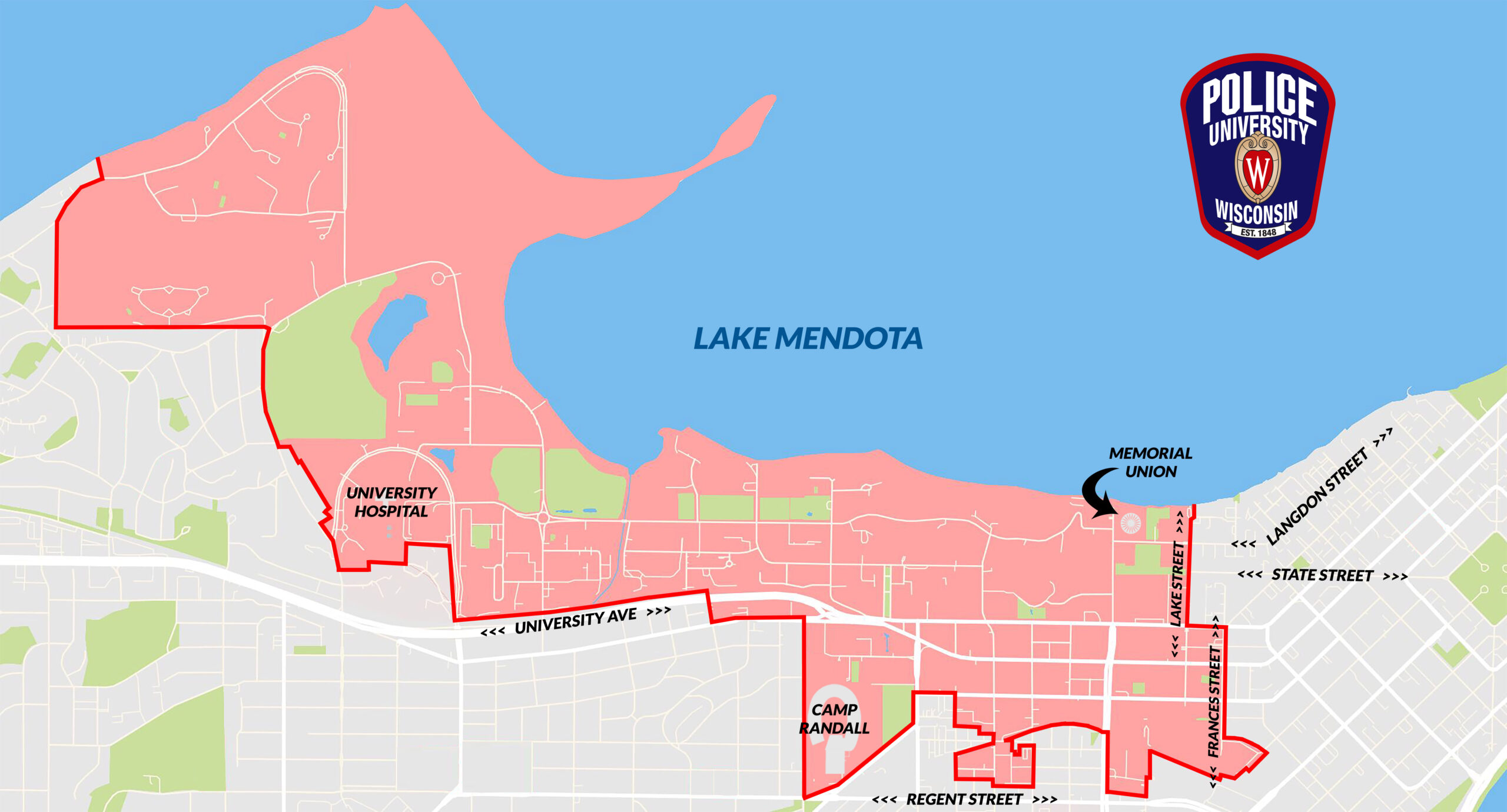 A map of the UW-Madison campus that shows the boundaries of UWPD's patrol jurisdiction.