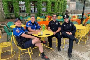 University Police stop for a discussion at the Memorial Union Terrace.