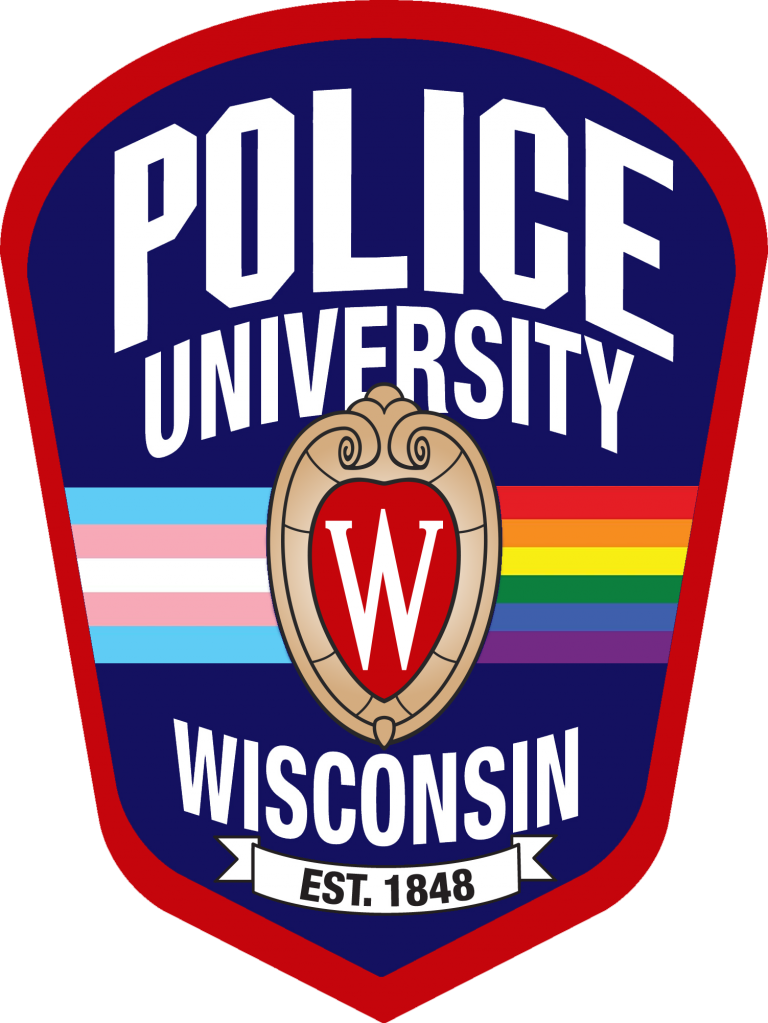 The UWPD logo with an added transgender band to the left of the crest and rainbow band to the right.