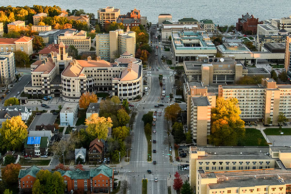 Aerial view of the eastern half of the UW-Madison campus, including the Ogg Residence Hall and Grainger Hall.