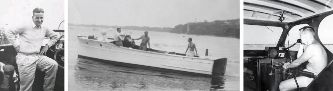 Three black and white photos showing former lifesaving employees and their boats.