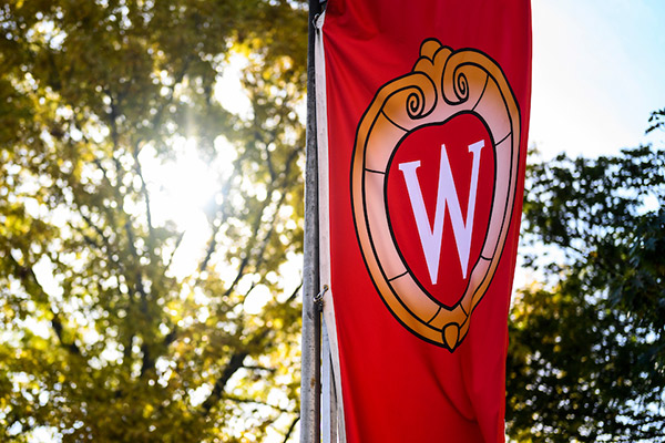 A W crest banner flutters in the wind on Bascom Hill.